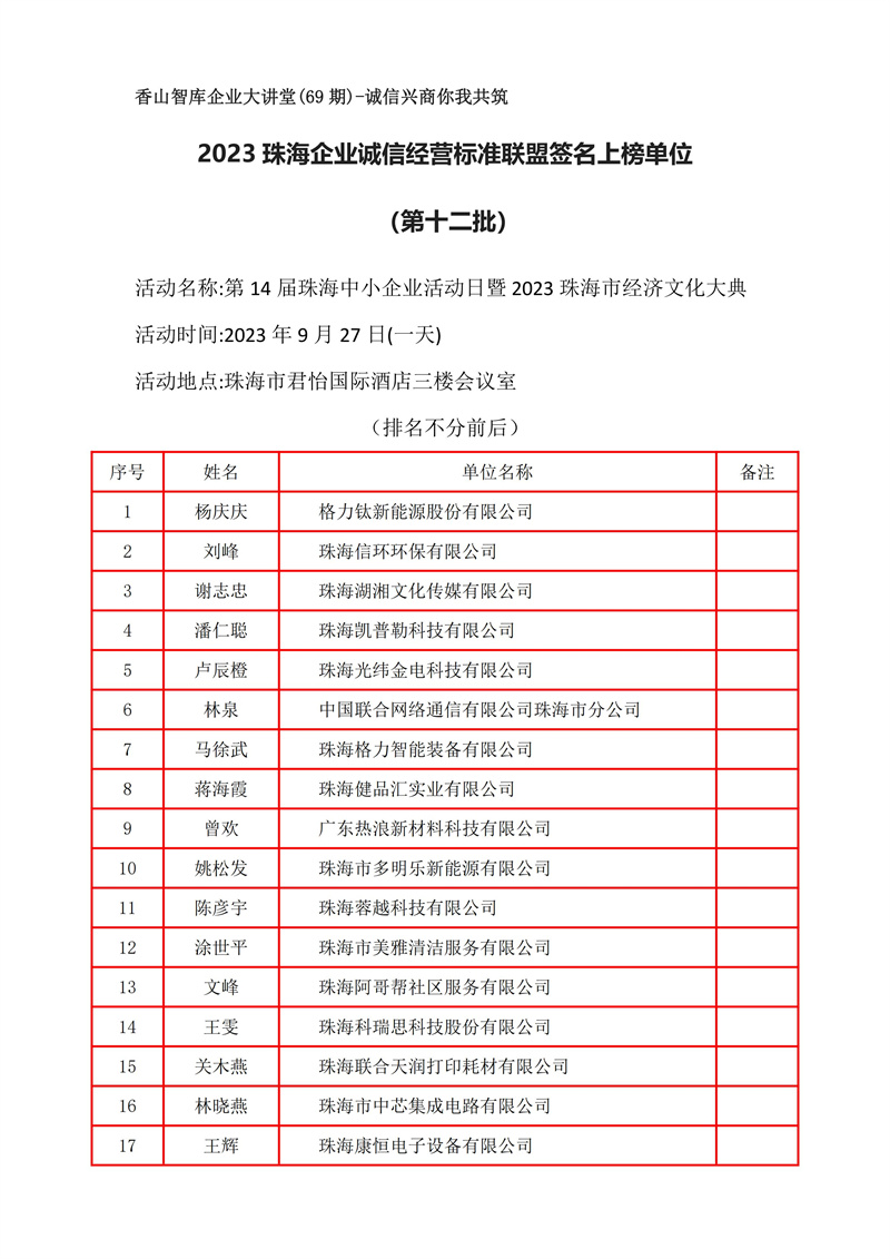 2023珠海企业诚信经营标准联盟签名上榜单位（第十二批）